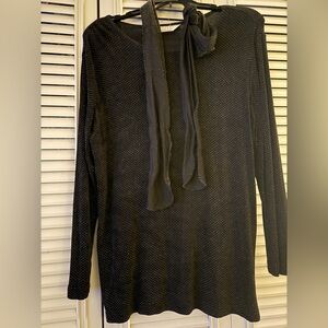 Petite Sophisticate Black Long-Sleeve Bow-Neck Blouse with Micro-Dots